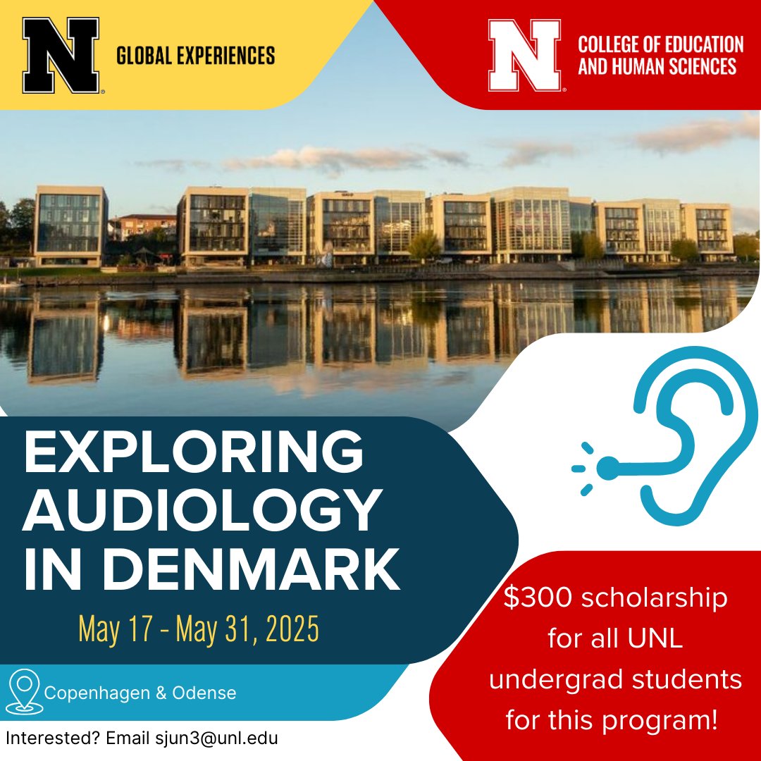 UNL_CEHS's tweet photo. Students have a new opportunity in May 2025 to explore the field of audiology in Denmark during a 2-week faculty-led global experience with @UNLSECD!
Learn more >> https://t.co/54a1Q66qHz
@CEHS_global @UNLGlobalEx
#UNL #UNLCEHS #CEHSisGlobal #CEHSreach #HuskersAbroad https://t.co/kISrLOaTGP