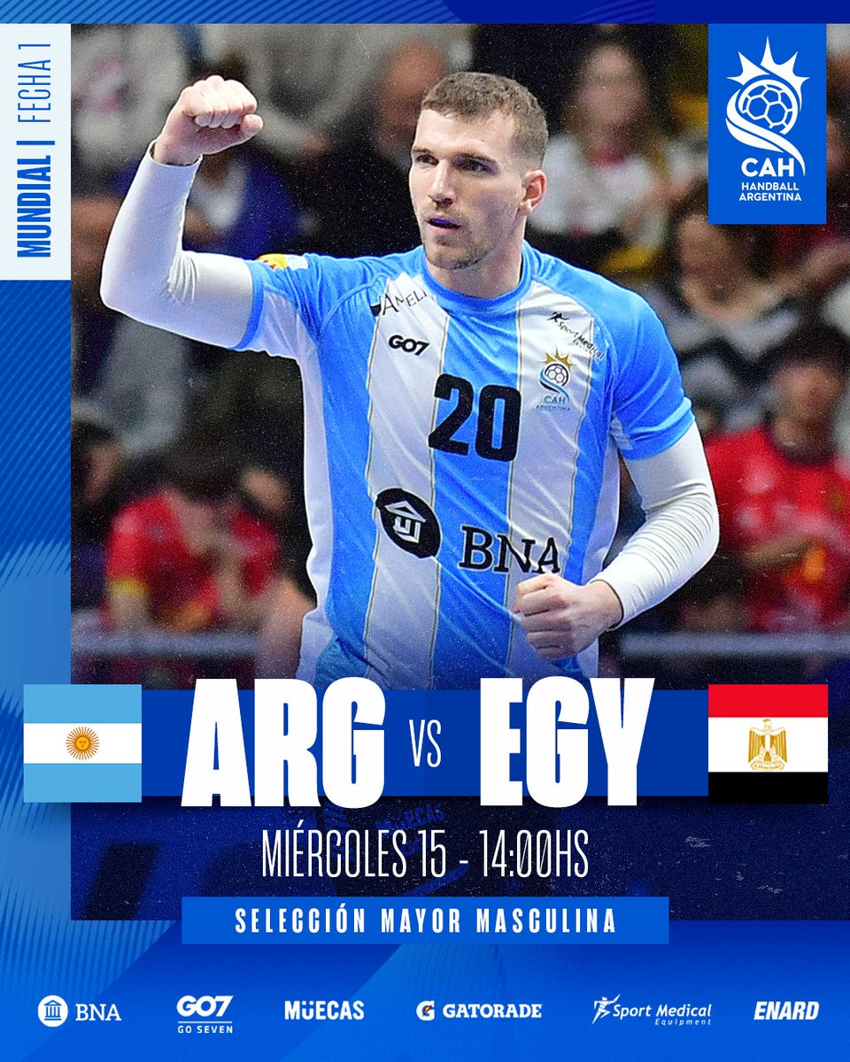 ¡JUEGA ARGENTINA! 🇦🇷⚔️

🏆 Mundial Adulto Masculino 🇭🇷🇩🇰🇳🇴
🗓️ Fecha 1
🆚 Egipto 🇪🇬
⏰ 14:00hs
🏟️ Arena Zagreb 🇭🇷
📺 En vivo @tycsports y @dgo_latam