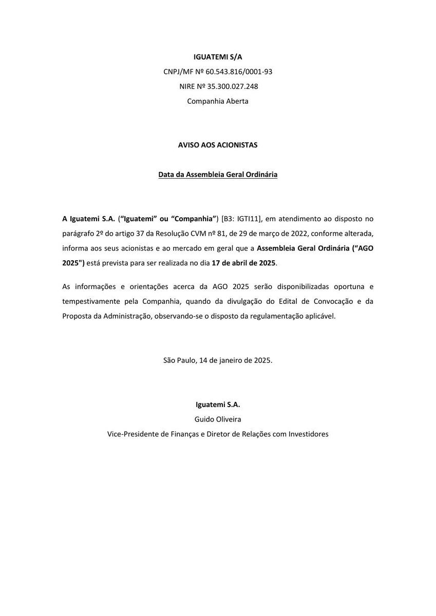AvisosDaBolsa's tweet photo. IGUATEMI S.A. - Data da AGO 2025 #IGTA3 https://t.co/iCRc7PS6ox