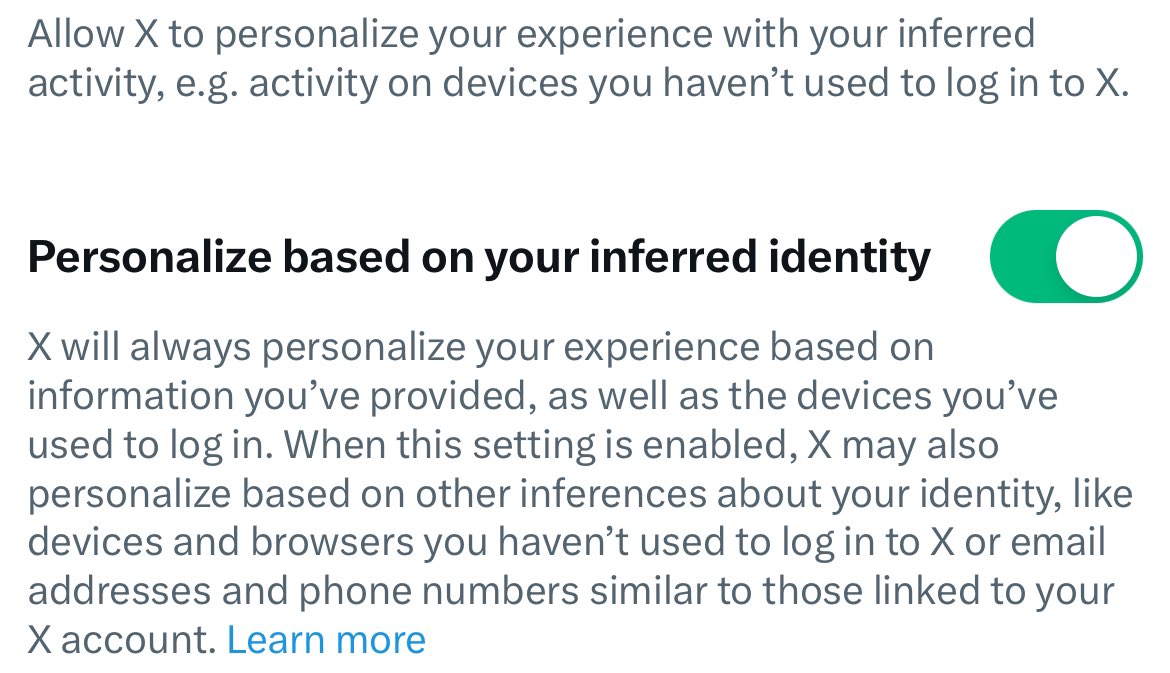AFpost's tweet image. Users have discovered that X&apos;s “inferred identity” setting tracks their behavior even when they aren’t using the app.

By default, the setting is automatically turned on, requiring users to disable it manually.

Follow: @AFpost