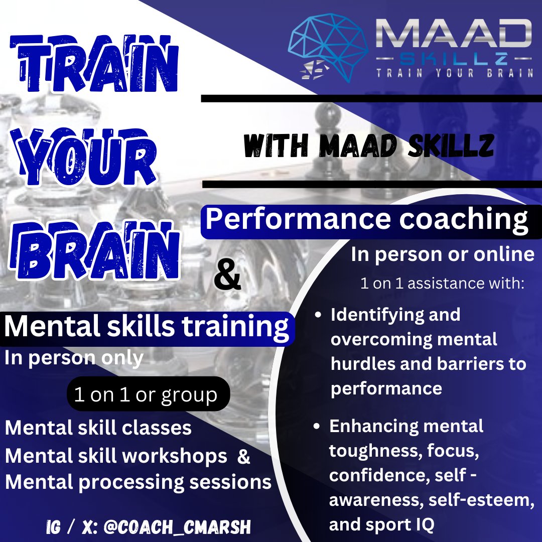 Coach_Cmarsh's tweet photo. Time to up your game mentally. Work with @Coach_Cmarsh on the skills you need address challenges, improve your mental toughness, and excel at the mental aspects of your sport. 
#mentaltoughness #mentalskills #Growth #sports #training #performance #athlete https://t.co/Cjw0Qx63Gq