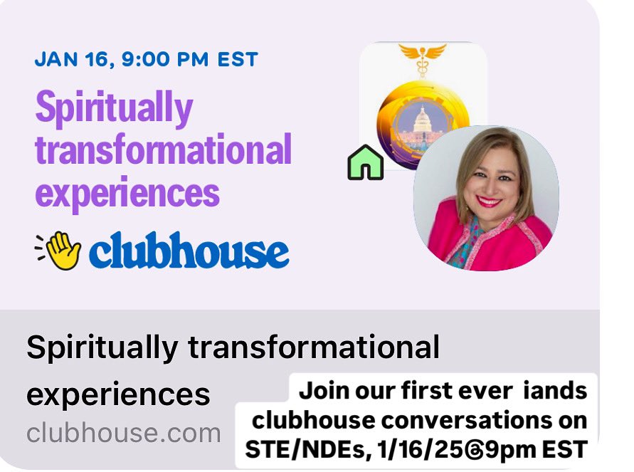 Myconscious_'s tweet photo. Join our first @IANDS Washington DC and Hawaiian iands club house conversation on #NDE and other spiritually transformative experiences #STEs Thursday 1/16/25 @9 pm EST RSVP here for free :
https://t.co/GQVePu3BX2 https://t.co/ZtKBX5bj8I