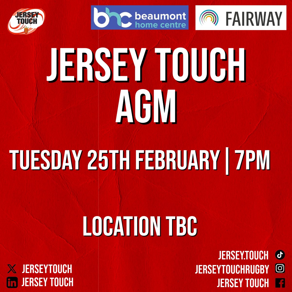 🚨 JERSEY TOUCH AGM 🚨

The 2024 Jersey Touch AGM will be held on Tuesday 25th February. The location is still to be confirmed, but please keep an eye out on our social media for further information.

Watch this space for more exciting announcements! 

#jerseytouch #jta