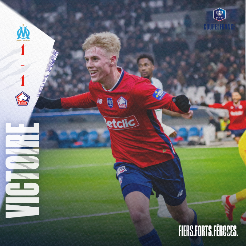 losclive's tweet photo. 𝑪'𝒆𝒔𝒕 𝒕𝒆𝒓𝒎𝒊𝒏𝒆́ ! Le LOSC élimine l'OM et se qualifie 😍🏆

Hakon Haraldsson avait ouvert le score, Marseille à égalisé dans les derniers instants.
Héroïque durant les tirs au but, Vito Mannone a validé la qualif' avec deux arrêts 🔥

#OMLOSC 1-1 (3-4) I 90'