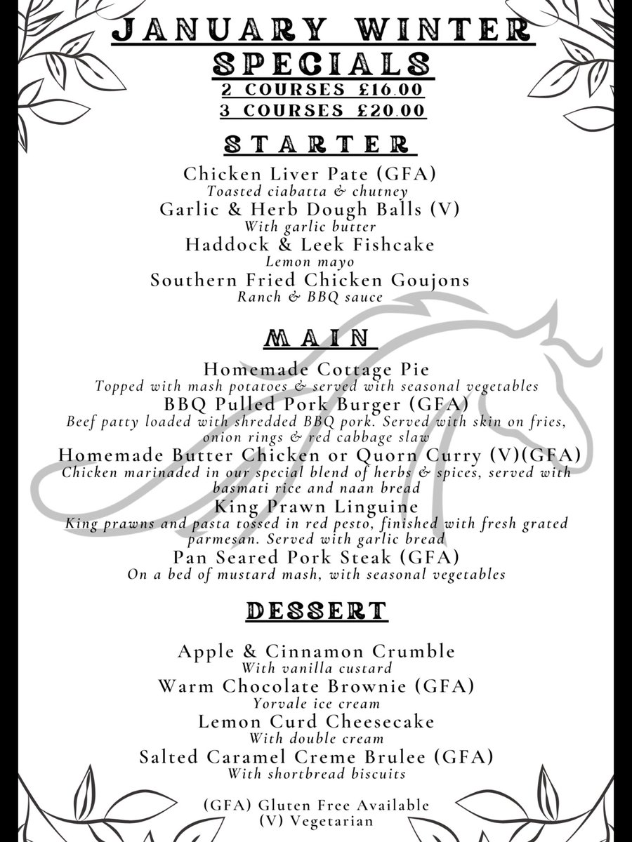 Support your great local pub this January when the licensed trade probably needs you most ! Like many of our fantastic fellow operators we have a wide range of alcohol free options plus this month we are offering  a discounted 2/3 course menu available Tue-Sat to help drive trade