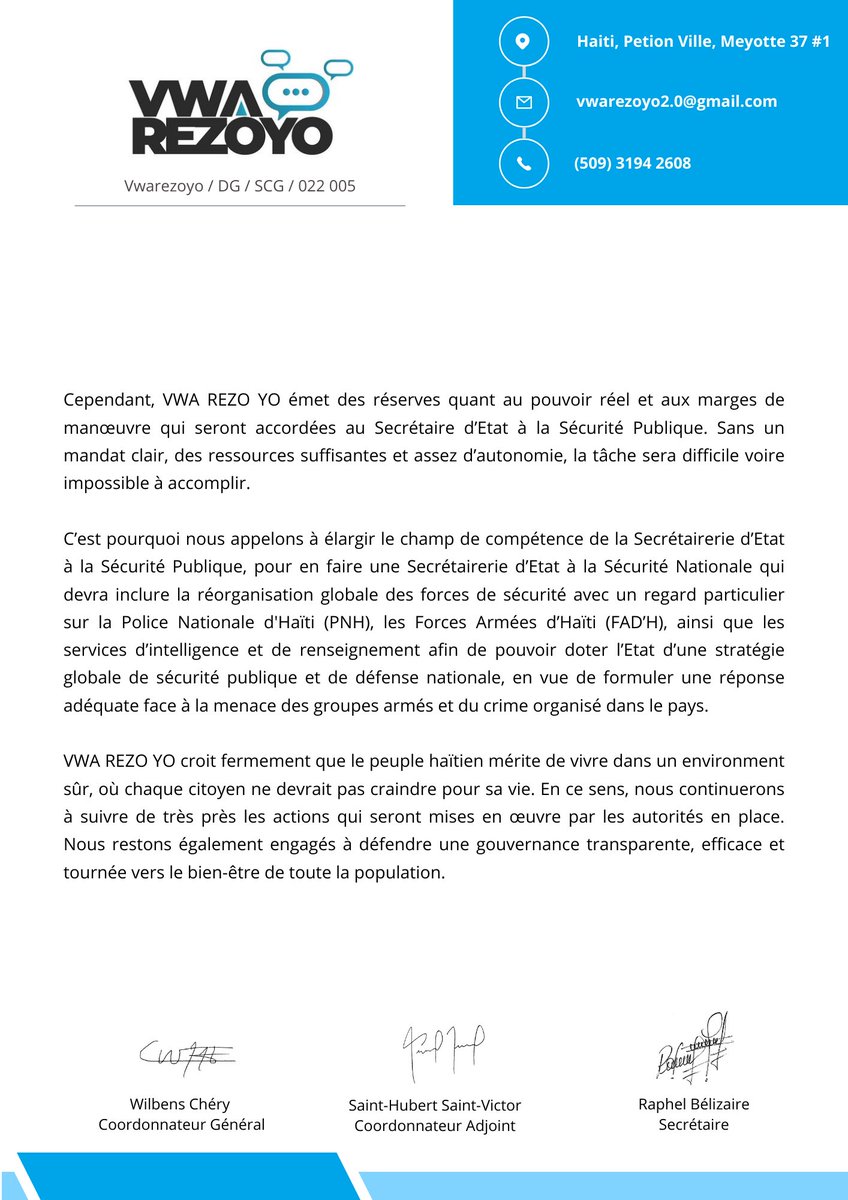 <a href="/vwarezoyo/">VwaRezoYo</a> fixe sa position autour de la nomination de Mario Andresol au poste de Secrétaire d’Etat à la Sécurité Publique.

<a href="/PresidenceHT/">Présidence d’Haïti</a>  <a href="/PrimatureHT/">Primature de la République d’Haïti</a> <a href="/leslievoltaire/">Leslie Voltaire</a>  <a href="/citoyendidier/">Alix Didier Fils-Aimé</a> 
<a href="/Mario_Andresol/">Mario Andresol</a>