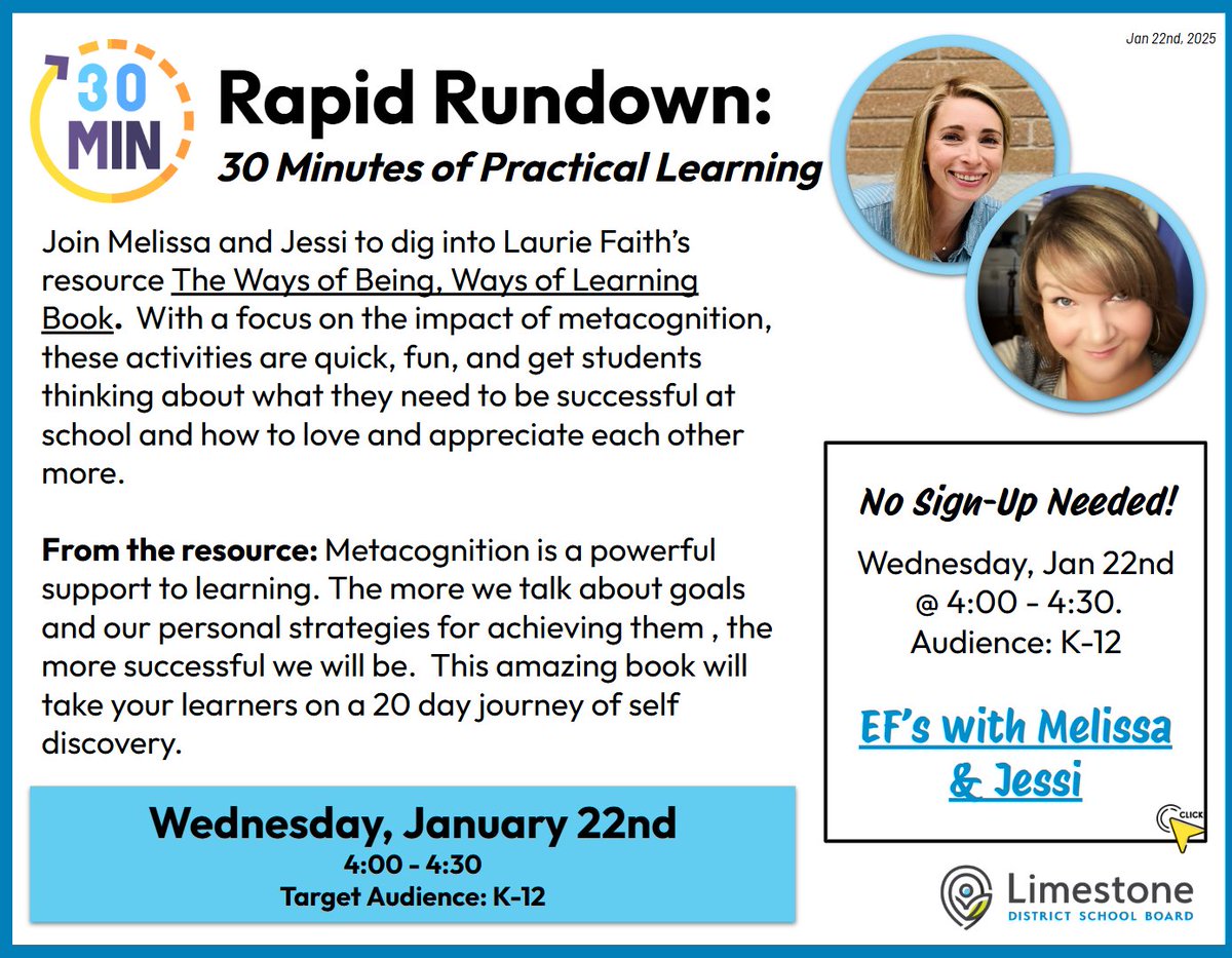 Our fifth Rapid Rundown is happening on Wednesday, January 22nd. Join Melissa and Jessi as they dig into Laurie Faith’s resource: The Ways of Being, Ways of Learning Book. No sign-up is needed. Check myLDSB for more details. We hope to see you on TEAMS at 4:00 on Wed, Jan 22nd.