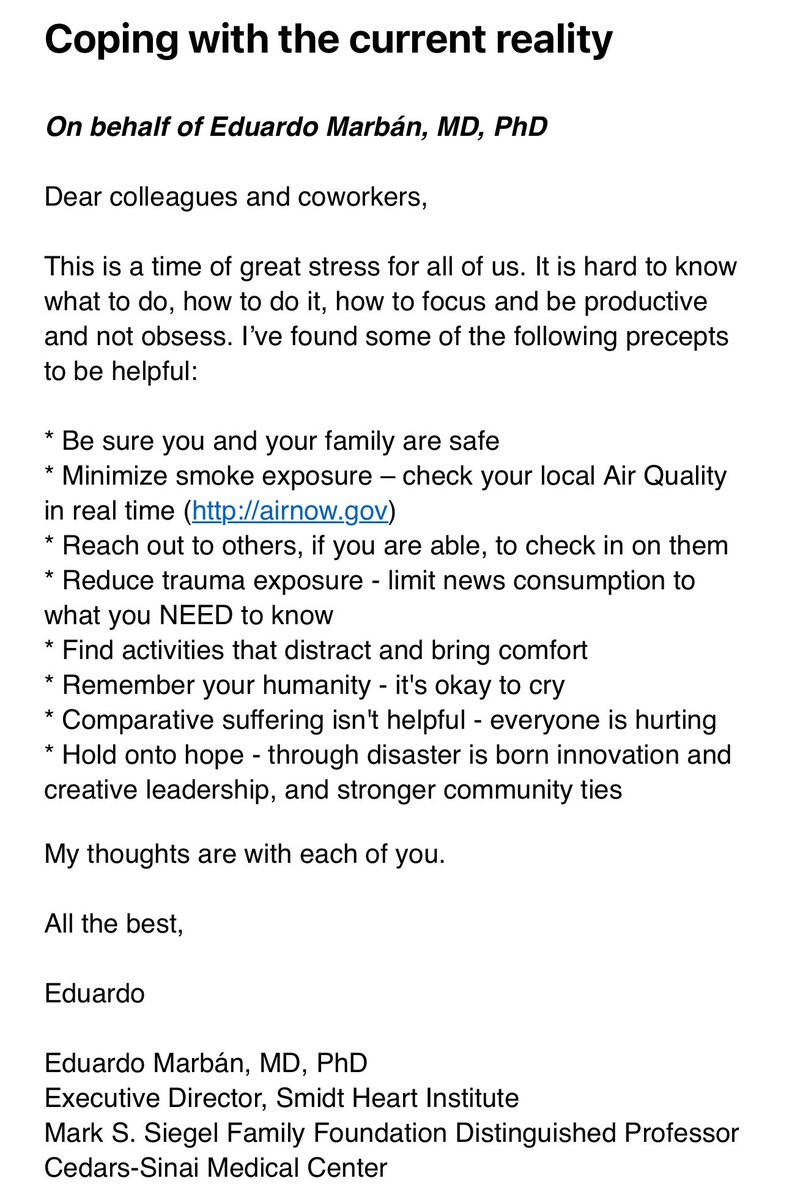 Dr. Martha Gulati ♥️🫀❤️🩹🇨🇦 (@drmarthagulati) on Twitter photo When you see leadership in the midst of a storm, it warms the heart.
We have really been blessed at <a href="/SmidtHeart/">Smidt Heart Institute at Cedars-Sinai</a> <a href="/CedarsSinaiMed/">Cedars-Sinai Academic Medicine</a> with the kindness, compassion, support & inspiration. This message actually made me cry a bit.
🙏🏽 <a href="/MarbanLab/">Eduardo Marban, MD, PhD</a> - we must have hope ♥️ When you see leadership in the midst of a storm, it warms the heart.
We have really been blessed at <a href="/SmidtHeart/">Smidt Heart Institute at Cedars-Sinai</a> <a href="/CedarsSinaiMed/">Cedars-Sinai Academic Medicine</a> with the kindness, compassion, support & inspiration. This message actually made me cry a bit.
🙏🏽 <a href="/MarbanLab/">Eduardo Marban, MD, PhD</a> - we must have hope ♥️