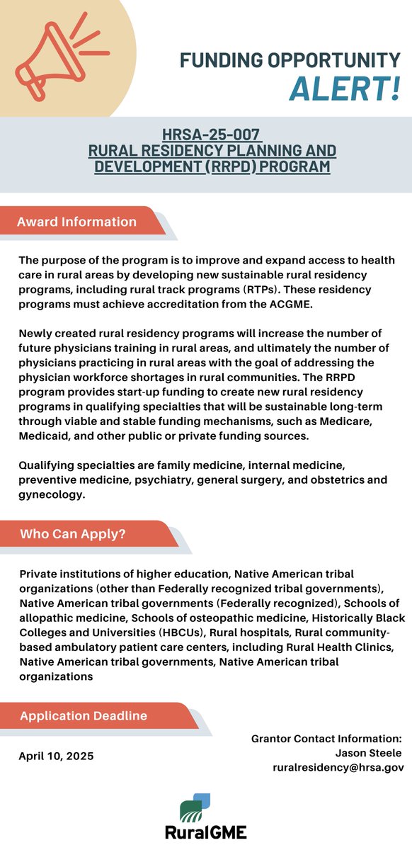 📢 Funding Alert! <a href="/HRSAgov/">HRSA</a> has opened the application period for HRSA-25-007 Rural Residency Planning and Development Program awards to improve and expand access to health care in rural areas. Applications are due April 10, 2025. 

grants.gov/search-results… 

#RuralGME #RuralHealth