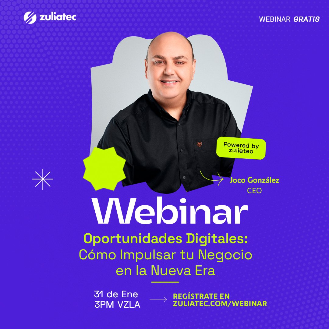 Nuestro primer webinar del año, titulado "Oportunidades Digitales: Cómo Impulsar tu Negocio en la Nueva Era", viene con todo 😎. 
 
📢 ¡Reserva tu lugar ahora! 
Visita zuliatec.com/webinar para completar tu registro totalmente GRATIS. 📨