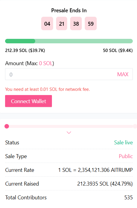 aitrumpsol's tweet photo. 🚨 Presale Update 🚨

We're thrilled to announce that the AI Trump presale has already gathered over 200 SOL in less than 3 hours ! 

This incredible milestone wouldn't have been possible without your support and belief in our vision. Let's keep the momentum going, share the excitement and spread the word !

🔗Join us on PinkSale :
https://t.co/Q4MS9WJHNe

#AITrump #Solana $AITRUMP