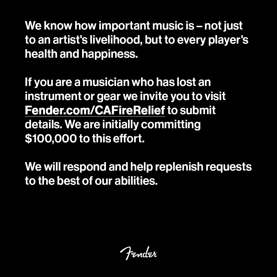 rocknrollofall's tweet image. Fender has also just announced that they are ready to help to those musicians who live in Los Angeles. 

If you're also a musician affected from the disaster happening in LA and lost your instrument or gear in the fire, please visit Fender.com/CAFireRelief for more information.…