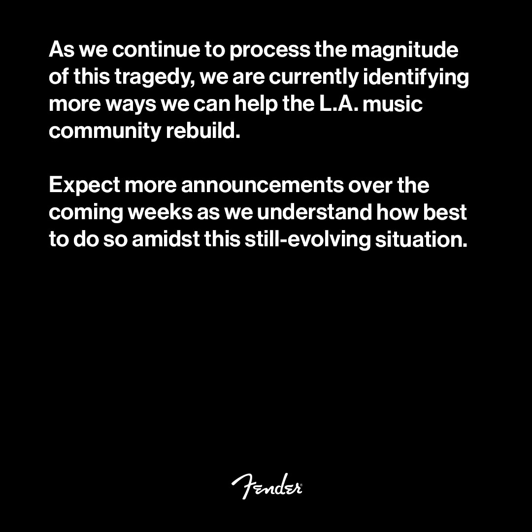 rocknrollofall's tweet image. Fender has also just announced that they are ready to help to those musicians who live in Los Angeles. 

If you're also a musician affected from the disaster happening in LA and lost your instrument or gear in the fire, please visit Fender.com/CAFireRelief for more information.…