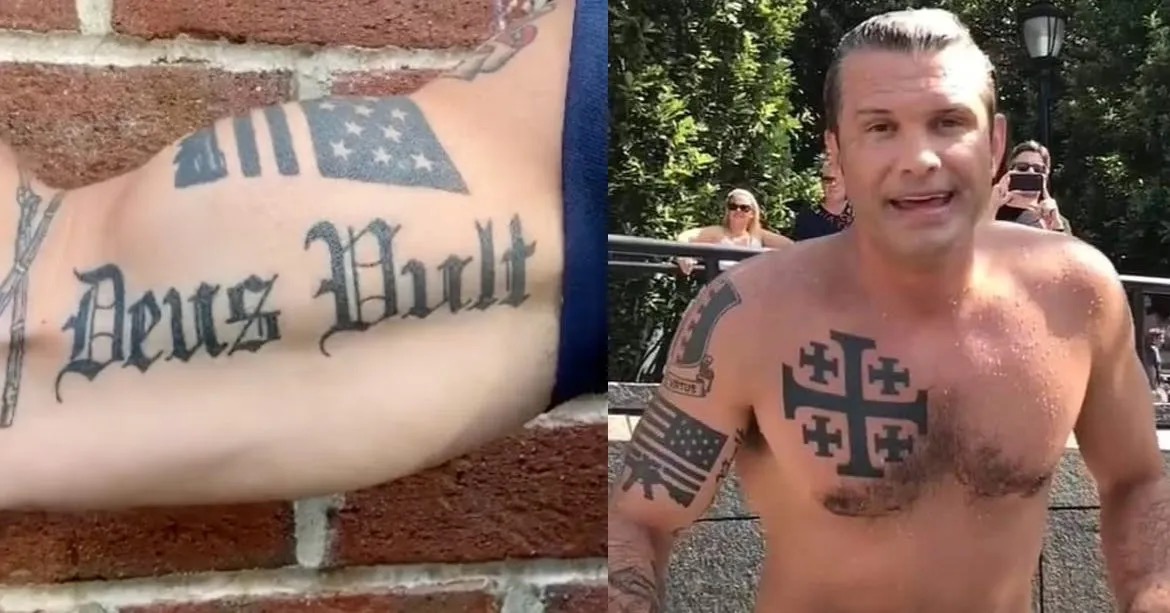 Maryapenny's tweet photo. “Deus Vult” (“God wills it”) on his biceps.“a 1st Crusade battle cry”, said Lecaque.“There is no other way you can interpret this.This is not some warm and fuzzy, ‘we should, you know, pray and do acts of service’-this is a call to religious violence.” https://t.co/uS6ysq2Y8n