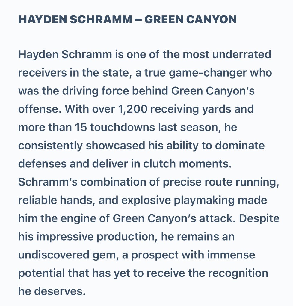 I_am_HSchramm's tweet photo. Thanks for the write up! Grateful to be a 4A WR of the year candidate in Utah! 🙏

@SlingintheP 
@PrepRedzoneUT 
@MooseB90 
@TheCoachJT 
@AirShowWRSkills https://t.co/r6R6NCjHJD