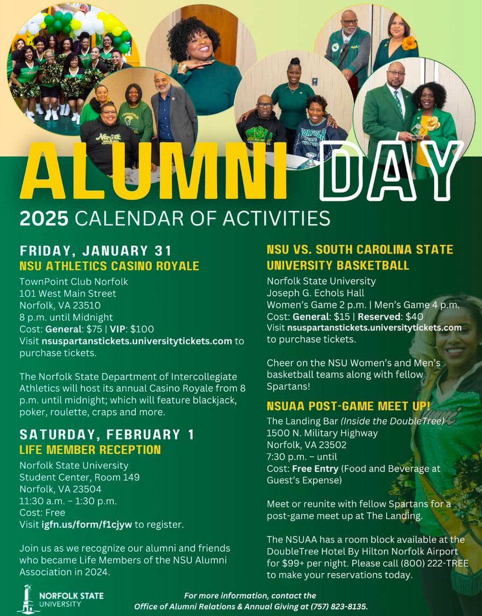 Norfolk State University Alumni! It’s time to celebrate Alumni Weekend! 🎉 Let’s go, let’s go! We’re looking forward to honoring our incredible Life Members and making this an unforgettable celebration.  Make Alumni Weekend one to remember!  💚💛 #SpartanPride #NSUAlumniWeekend
