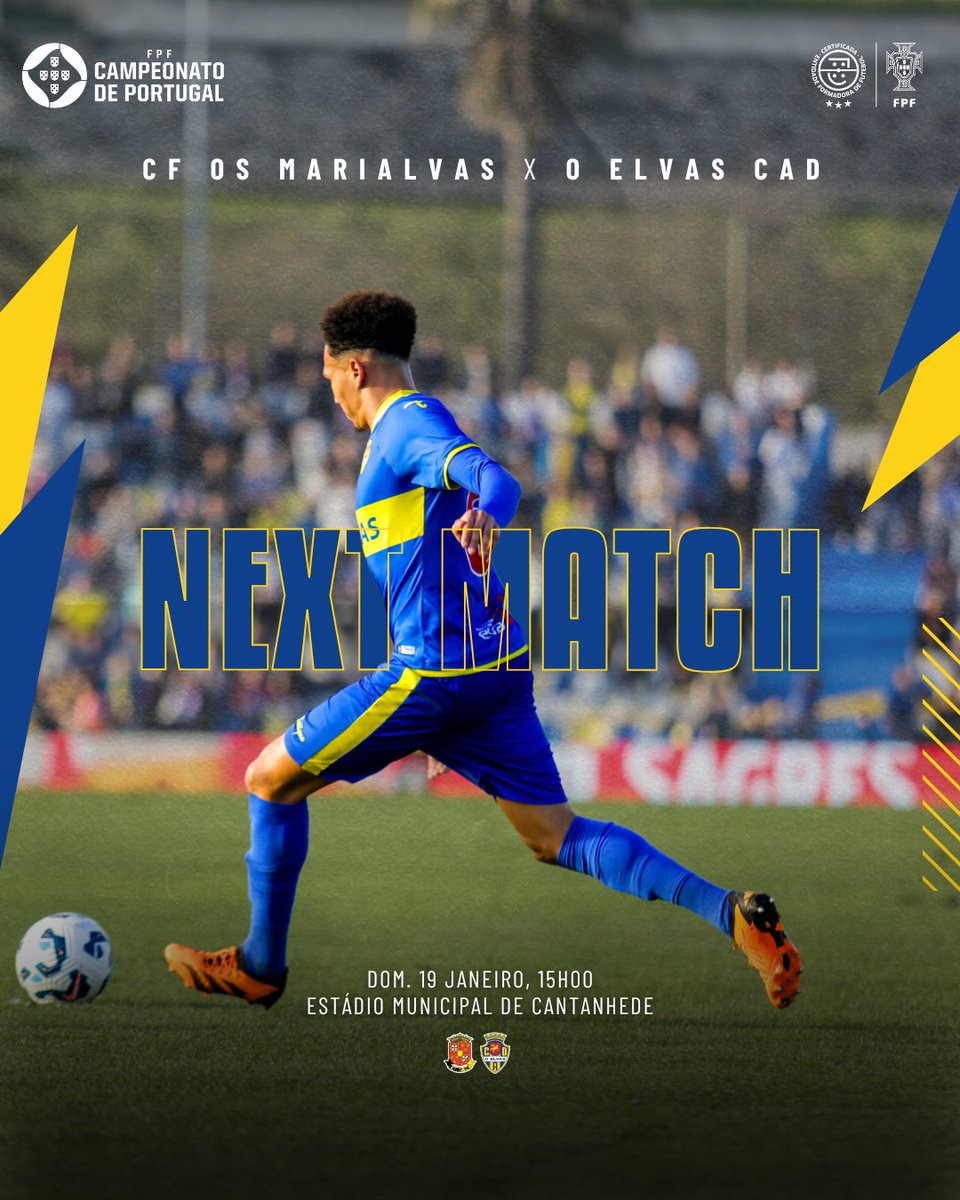 oelvassad's tweet photo. π‘ππ«π§ π ππ§ππ ππ Foco total nos objetivos que temos pela frente π
π Clube de Futebol Os Marialvas
π EstΓ‘dio Municipal de Cantanhede
π
19 de Janeiro
β° 15H00
#OElvasCAD #CFMECAD https://t.co/lndVhs6SXR
