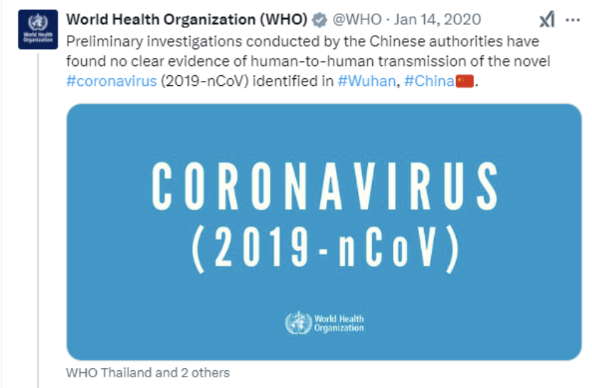 unusual_whales's tweet photo. 5 years ago today,  the WHO said China found no clear evidence of human-to-human transmission from Covid https://t.co/8l8iEG0dDM