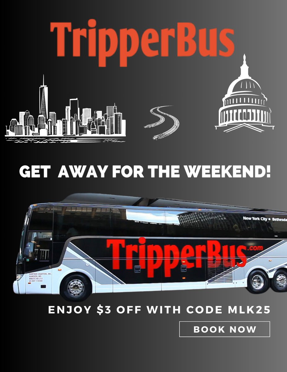 tripperbus's tweet photo. Book before midnight on Wednesday to enjoy $3 off your travel between the DC Suburbs and NYC, using code MLK25. Book at https://t.co/EpBssyMxys https://t.co/lMNlNbaql2