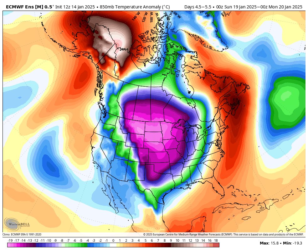 webberweather's tweet photo. My experience with these brutally cold Arctic air masses that get dumped on/near the Rockies is that they usually sink southward more quickly than models lead you to believe in the medium range, and end up getting dumped a bit further west like the eps/geps has shown for days

Pouring this kind of cold air into a mid level trough will entice it to dig more quickly & the +PVa created above the low to mid level cold dome (a stable layer), “drags” the trough base further west.