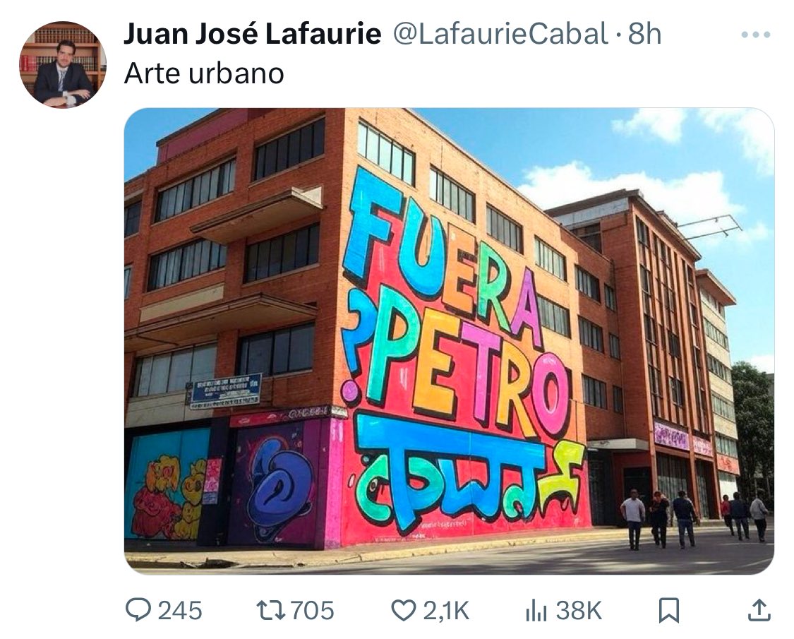 elmamertoeste's tweet photo. Niño ⁦@LafaurieCabal⁩ se ve bonito el mural, es innegable, ahora VAYA Y PÍNTELO, eso de poner IA es similar a su apoyo a las fuerzas militares y alentarlos a que entren a Venezuela mientras la mariposa se esconde en la casa de los papitos. Bobo marica. https://t.co/7Cq69YTEWt