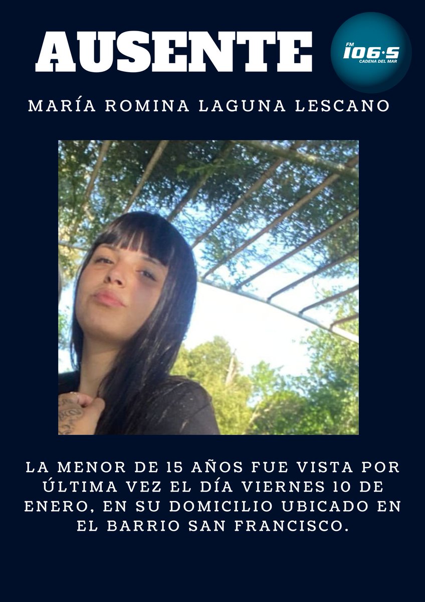 La adolescente de 15 años fue vista por última vez el día viernes 10 de enero, en su domicilio ubicado en el Barrio San Francisco.

📰 cadenadelmar.uy/policiales/pol…