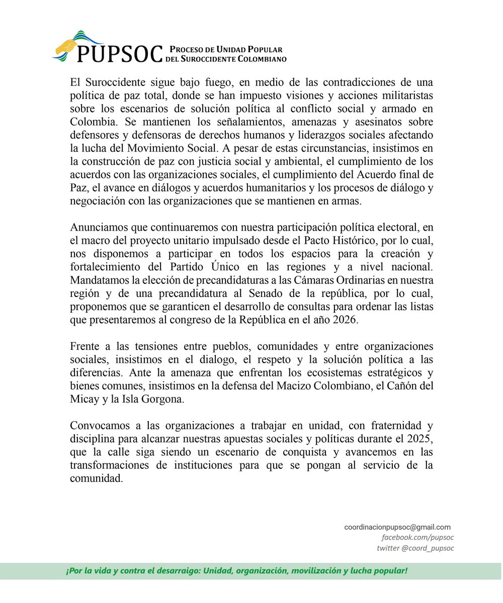 ||#DeclaraciónPolítica 🟡🔵🟢
Estamos listos y listas para afrontar los retos de nuestro movimiento social en el año 2025 
¡Por la vida y contra el desarraigo: Unidad, organización, movilización y lucha popular!
