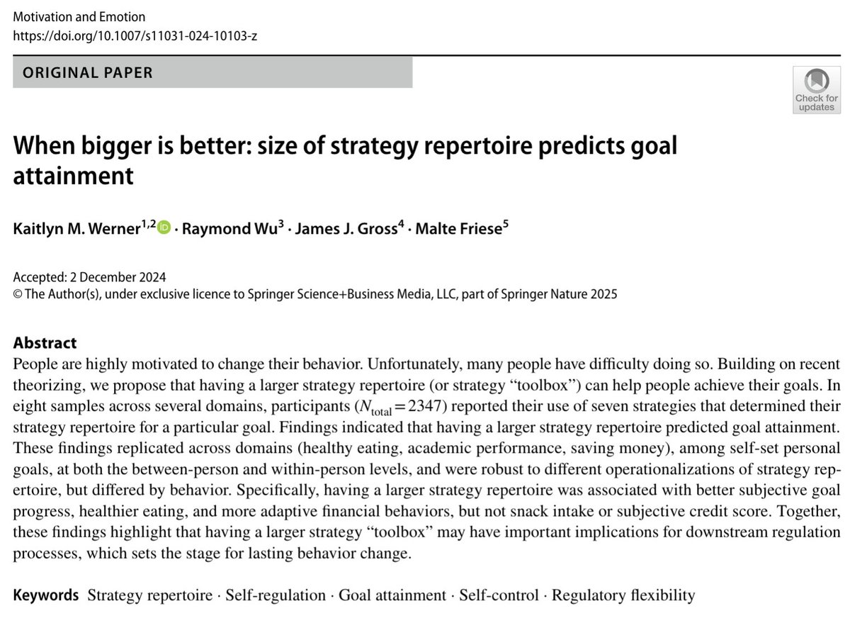 Kaitlyn M. Werner, PhD (@kaitlynmwerner) on Twitter photo Thrilled to finally have this paper officially out! Across eight samples (n=2k+), we find that having a larger strategy repertoire can benefit goal attainment. We also discuss challenges with measuring repertoire and flexibility more broadly. w/<a href="/rayrwu/">Raymond Wu</a> J. Gross & <a href="/malfrie/">Malte Friese</a> Thrilled to finally have this paper officially out! Across eight samples (n=2k+), we find that having a larger strategy repertoire can benefit goal attainment. We also discuss challenges with measuring repertoire and flexibility more broadly. w/<a href="/rayrwu/">Raymond Wu</a> J. Gross & <a href="/malfrie/">Malte Friese</a>