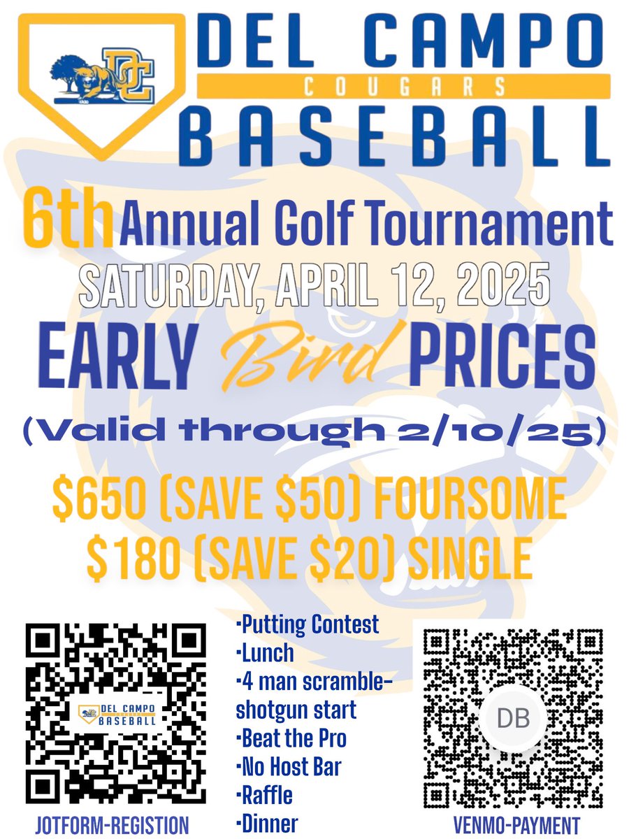 queenkoob's tweet image. We are THRILLED to announce this year’s Golf Tournament REGISTRATION is now OPEN!! Please use our JotForm this year to register. Please help us get the word out by SHARING THIS POST!! @Kdawiz3 @go2thebullpen @DelCampoBaseBll @_DC_Athletics 

form.jotform.com/242546938023055