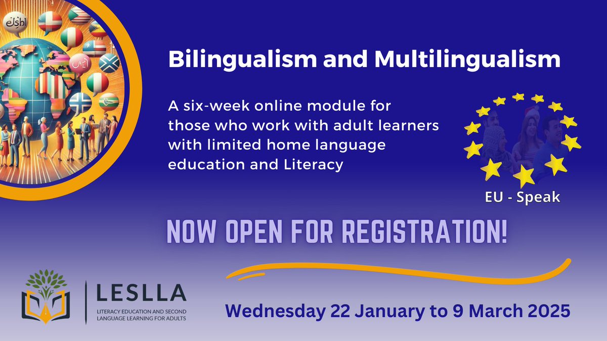 Our next module Bilingualism and Multilingualism is now open for registration! It runs for six weeks from Weds 22 January, and open until the end of March. The module includes live webinars alongside module content.  Details and the link to join us here: research.ncl.ac.uk/eu-speak/modul…