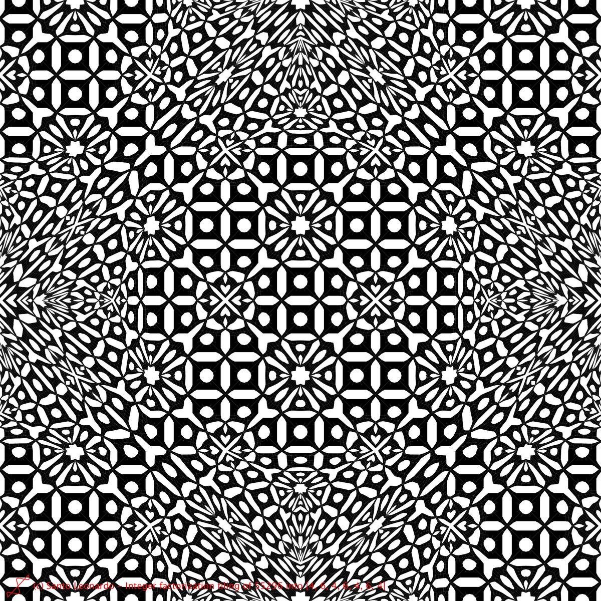 LeonArTech's tweet photo. B/W based on Integer Factorization tiling for [4, 6, 4, 6, 4, 6, 4] - Done for #genuary day 14: "Pure black and white. No gray." - #genuary2025 #genuary14 #creativecoding https://t.co/vGvog3KP96