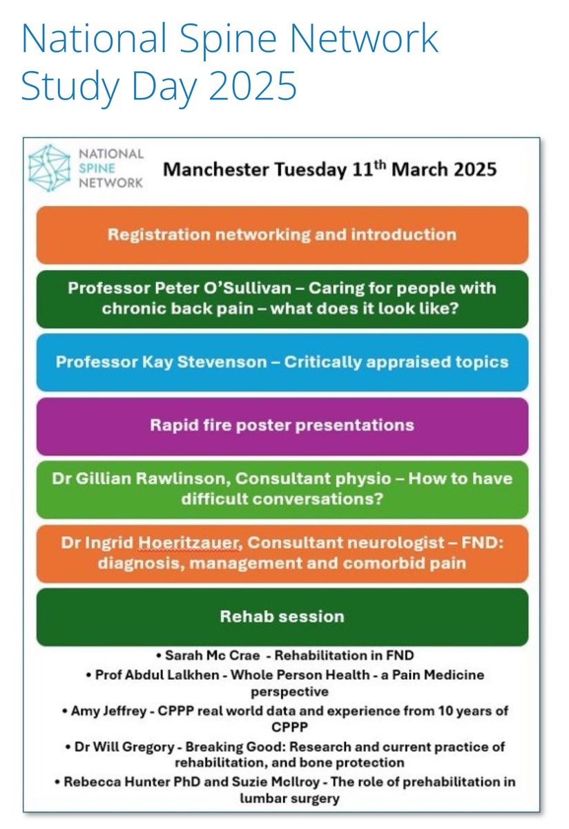 National Spine Network study day Tuesday 11th March, Manchester - discount for APPN members 😃 visit this link for booking information 😃👉👉
appn.org.uk/courses/61