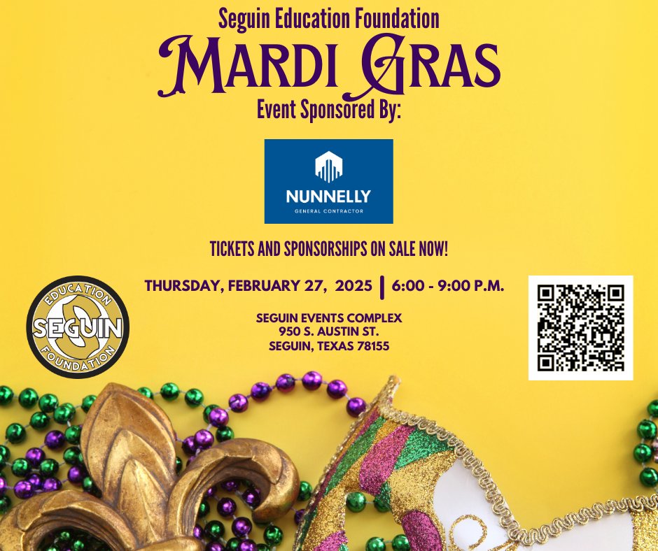 SeguinISD's tweet photo. 🎭 Get ready for a night of glitter, glamour, and giving at Seguin Education Foundation's Mardi Gras 2025! Level up your experience with a VIP sponsorship package featuring premium perks and recognition. Don't wait - sponsorships are going fast for the most anticipated celebration of the year! Grab yours now and join the party! 🎉
Purchase here: https://t.co/fN2SBPcKuG