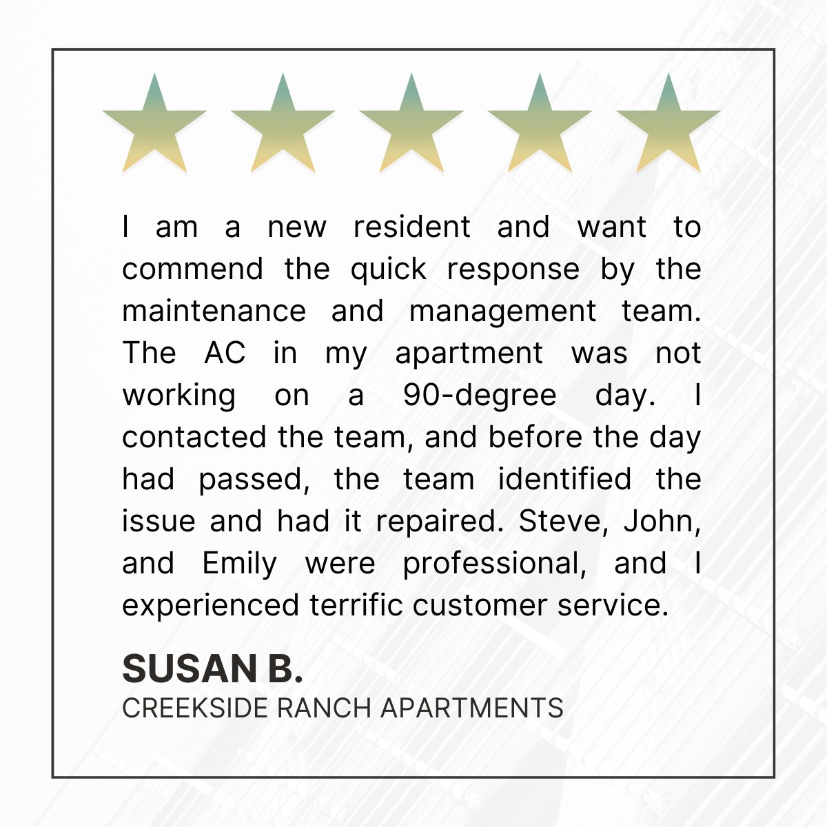 Meet the dream team at Creekside Ranch! 🌟

Our professionals go above and beyond to make every day feel like home. From quick fixes to warm welcomes, we’ve got you covered. 🙌

Schedule a call with our team today!
#LiveMarquette #MarquetteManagement #Testimonial #CreeksideRanch