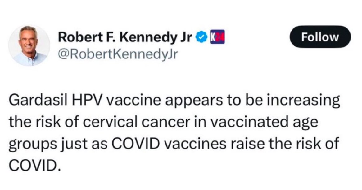 This post from RFK Jr about the phenomenonally successful HPV vaccine which hugely reduces cancer risk is either 

-  a lie 
- shows he has zero understanding of the topic 

Which is it??