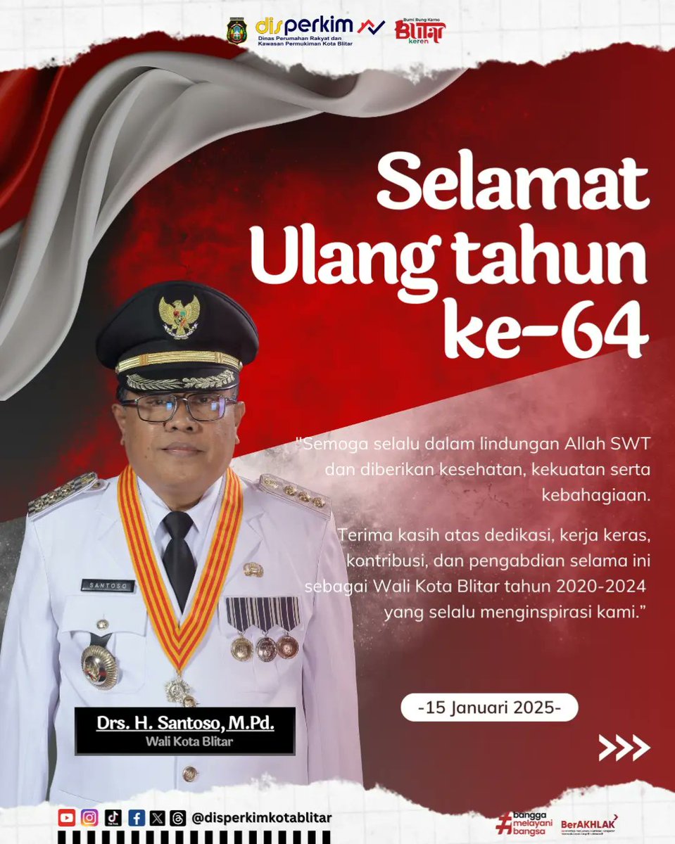 disperablitar's tweet photo. Selamat Ulang Tahun Ke 64 Walikota Blitar Drs. H. Santoso, M.Pd

@pemkotblitar
#dprkpkotablitar #perumahan #permukiman #pupr #kotablitar #pemkotblitar #fyp #viralinblitar #fypシ #jelajahblitar #asnberakhlak https://t.co/byeftppztM
