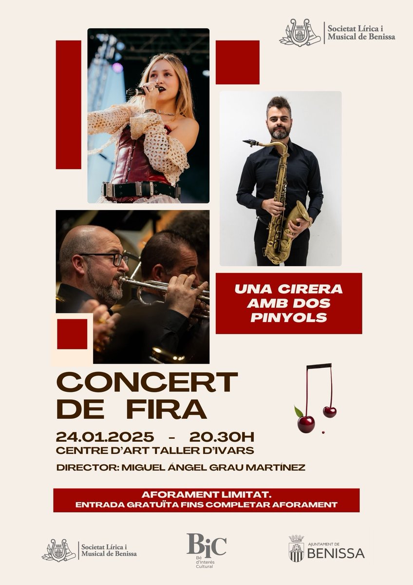 📣Tornem amb el Concert de Fira!🤩
El divendres 24 de gener a les 20:30h, al Taller d’Ivars, vos portem Una cirera amb dos pinyols!🍒
🎟️Entrada gratuïta fins completar aforament.

A l’escenari, els grans solistes seran Abril Giner🎤, Lluís Berenguer🎺 i Quico Llopis🎷!!😍

#SLMB