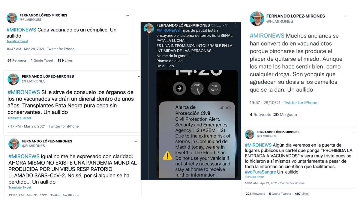 Me preocupa que la semana que viene <a href="/cmradazul/">Club de Mar Radazul</a> y <a href="/GABINETELITERAR/">Gabinete Literario</a> vayan a dar cabida a un acto de <a href="/FLMIRONES/">FERNANDO LÓPEZ-MIRONES</a>, reconocido antivacunas, negacionista del calentamiento global, y conspiracionista.

Aquí algunos ejemplos de sus "perlas":