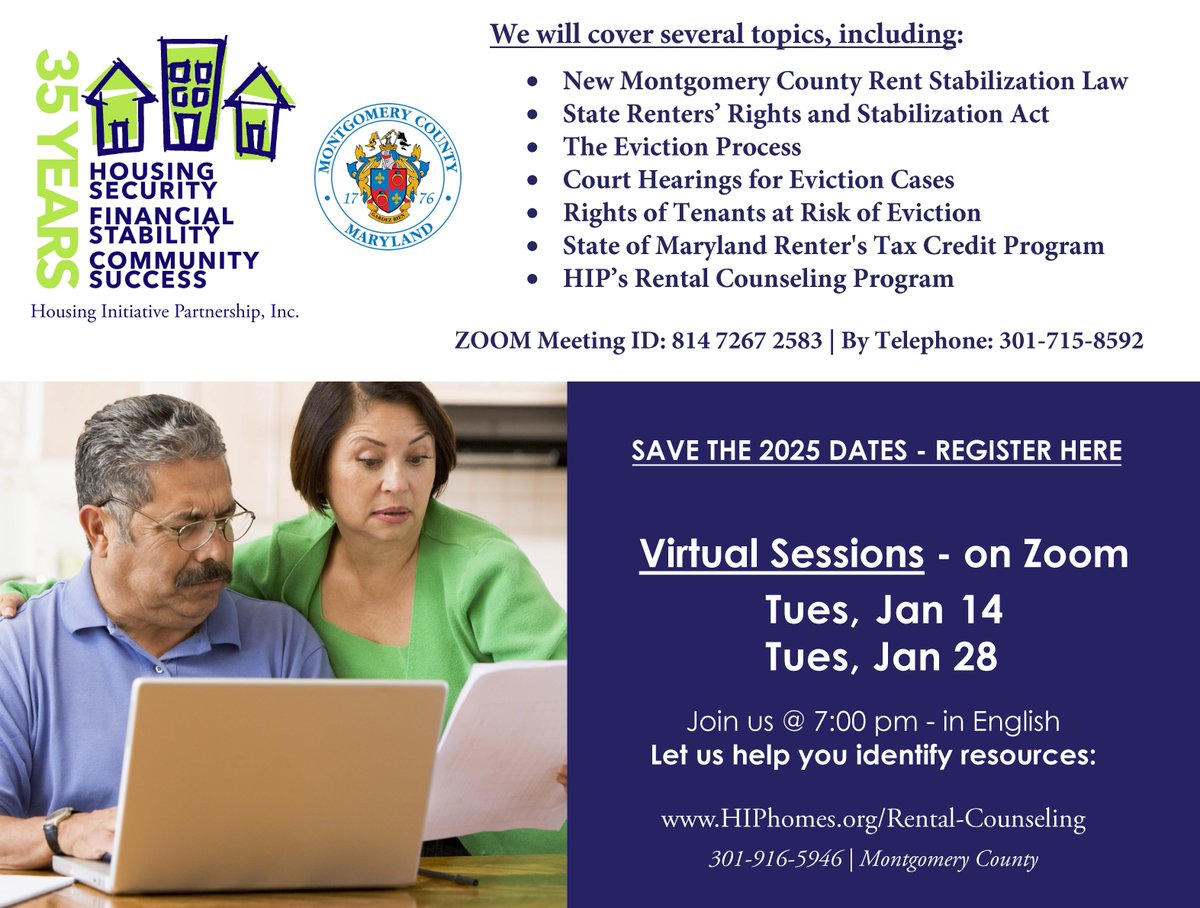 Join HIP tonight at 7:00 pm for a virtual Tenant Information Session on Zoom. 
Our counselors will discuss several topics, including #RentStabilization #RentersRights in Montgomery County, MD.

If you're busy, no worries - we'll repeat this session on Tues, Jan 28 | 7-8 pm