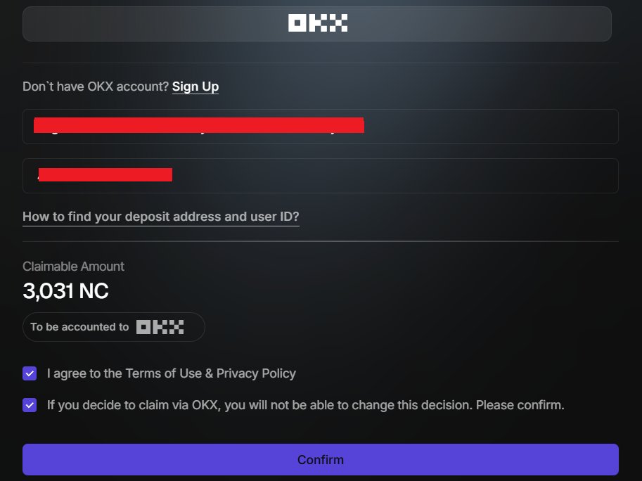 Claim airdrop Nodepay về cex OKX hoặc dex tại TGE

✅Link claim:
claim.nodefoundation.ai

1. Kết nối ví -> Chọn Claim offchain to cex
2. Điền địa chỉ deposit $NC của sàn OKX và UID của bạn
3. Confirm -> Done.

✅AE cũng có thể chọn hình thức khác là Claim onchain