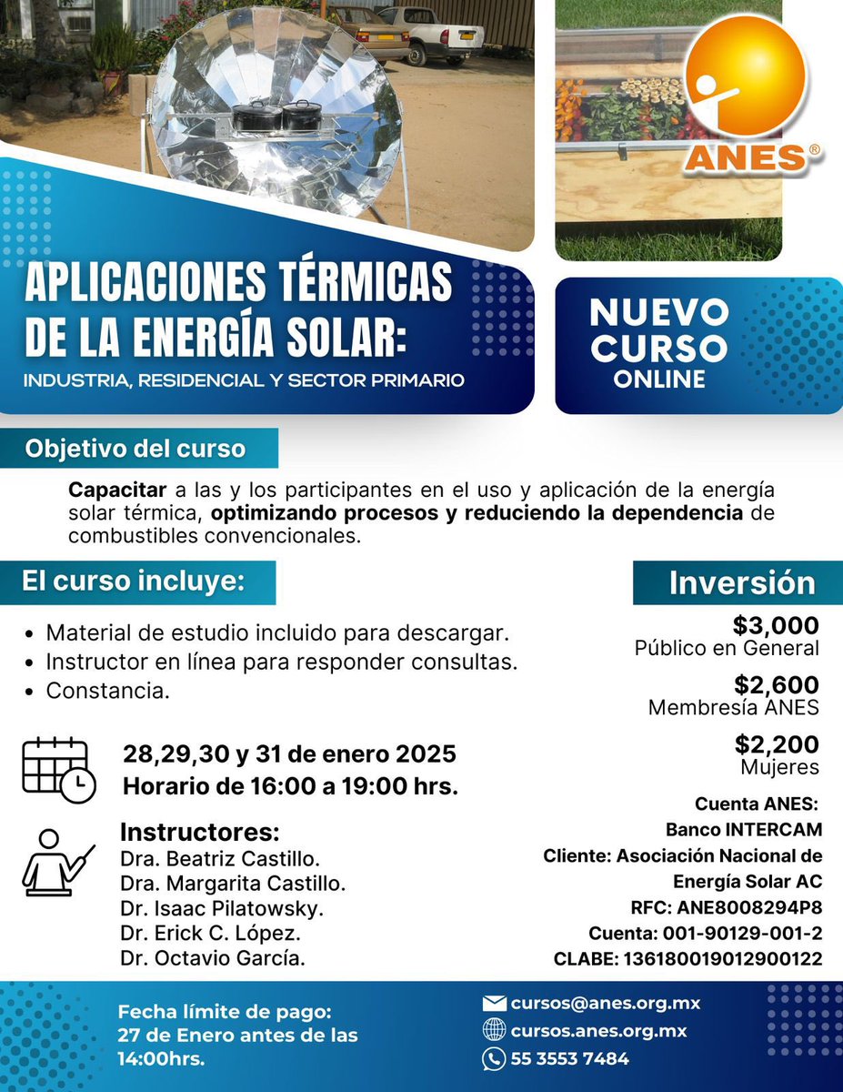anes_oficial's tweet photo. ¡Adquiere nuevos conocimientos! 🌞📚

 Aplicaciones Térmicas de la Energía Solar: 🏭 industria, 🏠 hogar y 🌾 sector primario.

🌐 100% online: Aprende desde donde estés.

📩 Más información en: https://t.co/BS7sCMgXwV 🌟 https://t.co/RNoqcrngiJ