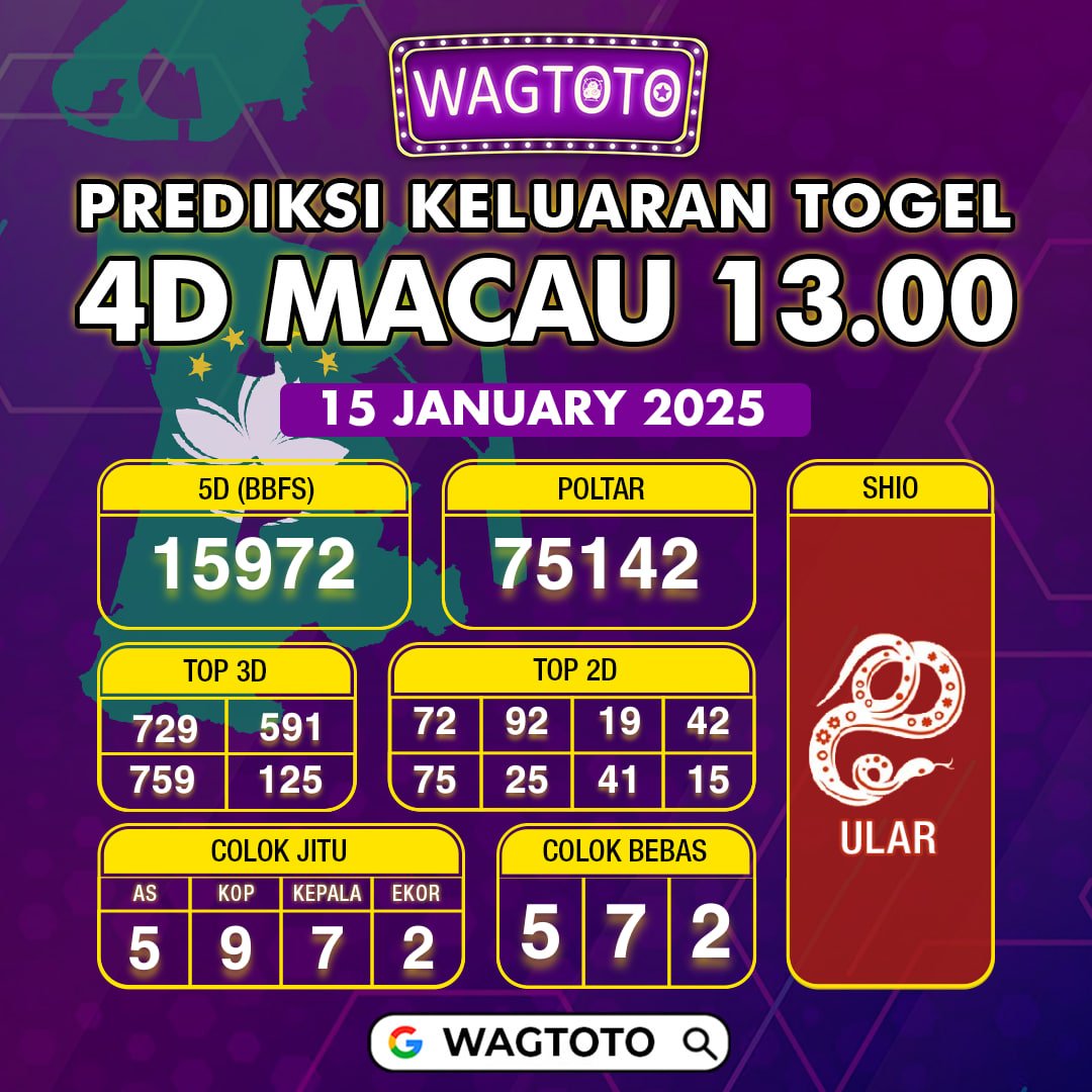 Pre-diksi keluaran 4D MACAU 13.00
15 JANUARI 2025 
Semoga 4D mendarat di hari ini bosku!!