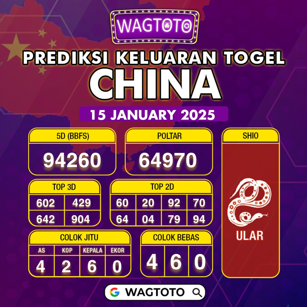 Pre-diksi keluaran CHINA
15 JANUARI 2025 
Semoga 4D mendarat di hari ini bosku!!
