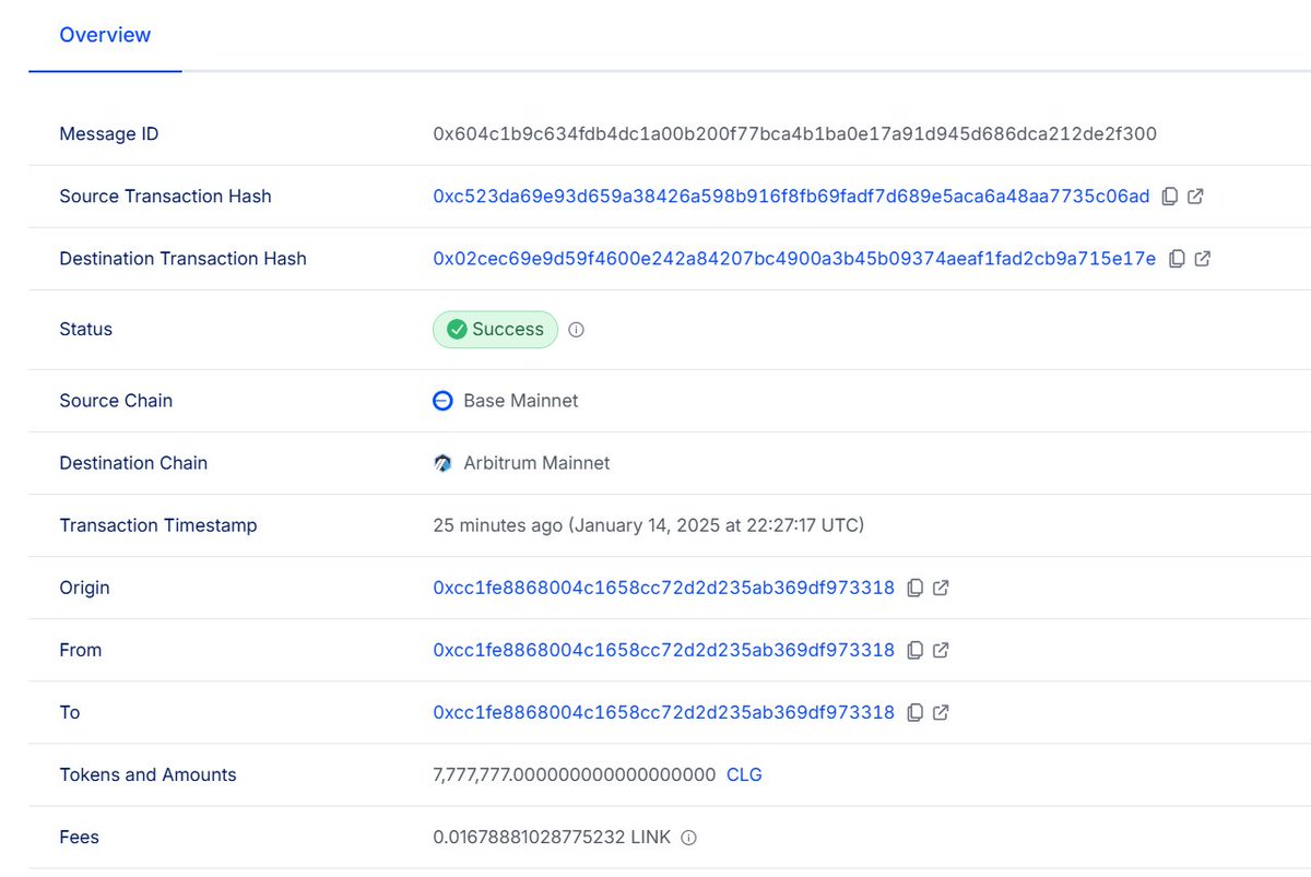 Chainlink CCIP v1.5 is awesome 🔥

I just created a Cross-Chain Token called $CLG in a couple minutes and transferred it between <a href="/base/">Base</a> and <a href="/arbitrum/">Arbitrum</a>

Fully permissionless and no coding required, just used the new CCIP Token Manager to create the token and <a href="/transporter_io/">transporter.</a> to