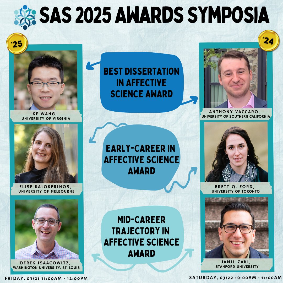 affectScience's tweet photo. It's day 2 of spotlighting our SAS 2025 speakers lineup! Next, we have our awards symposia! There will be 2 sessions: Friday, 3/21 from 11am - 12pm &amp; Saturday, 3/22 from 10am - 11am. Join us in celebrating our lovely award winners and their amazing work! Don't forget to register~ https://t.co/bv7Did13oN