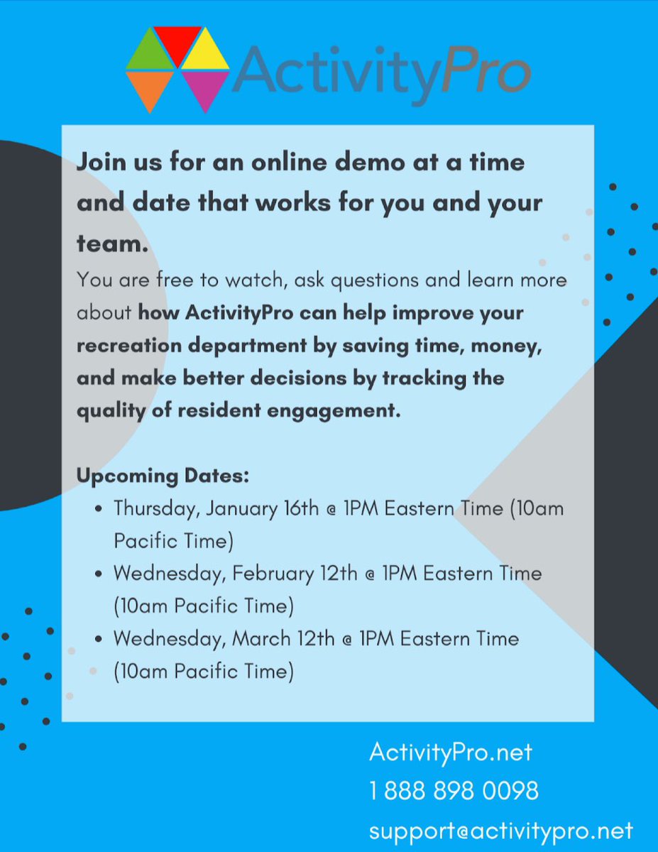 activitypro's tweet image. Join us Thursday, January 16th to learn more about how ActivityPro can help improve your recreation team! 

Let’s Get Started Today! Call Us at 1-888-898-0098

#activitypro #recreationteam #documentation #onlinedemo