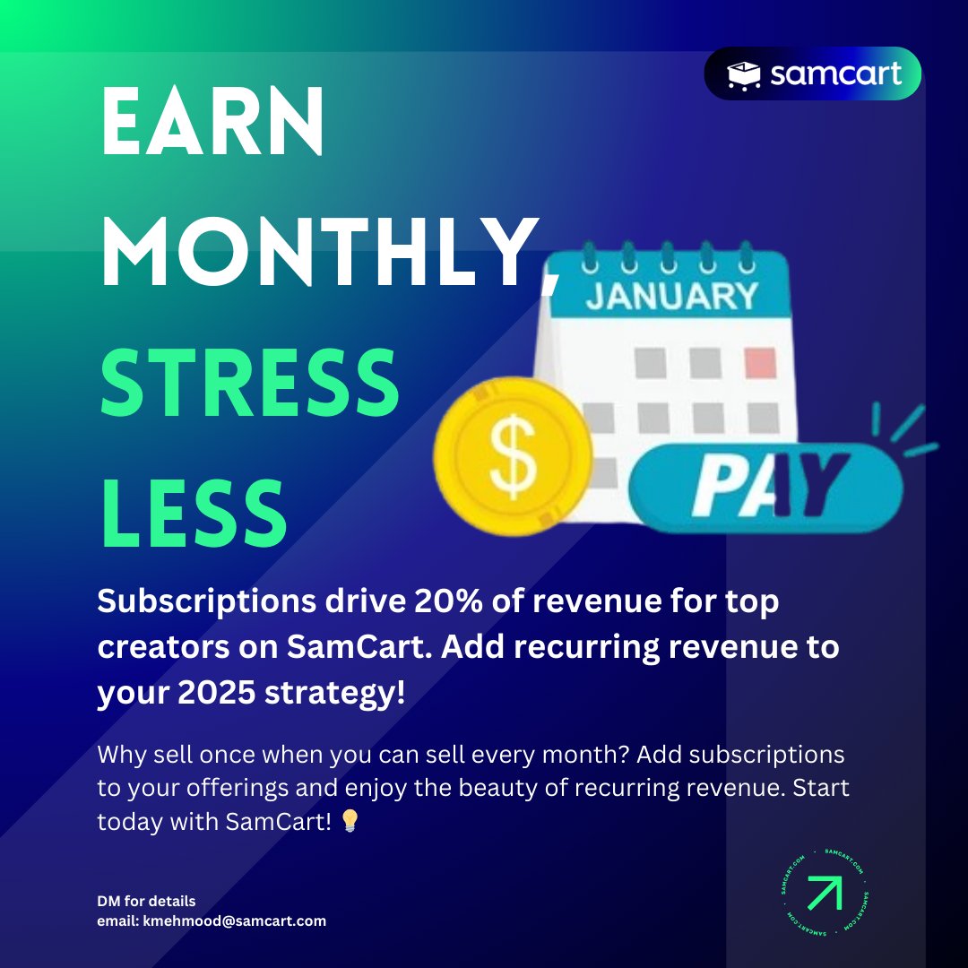 kamran_1223's tweet photo. Earn Monthly, Stress Less

Subscriptions drive 20% of revenue for top creators on SamCart. Add recurring revenue to your 2025 strategy!

Why sell once when you can sell every month? Add subscriptions to your offerings and enjoy the beauty of recurring revenue. 📷 https://t.co/N6bzrMU6zt
