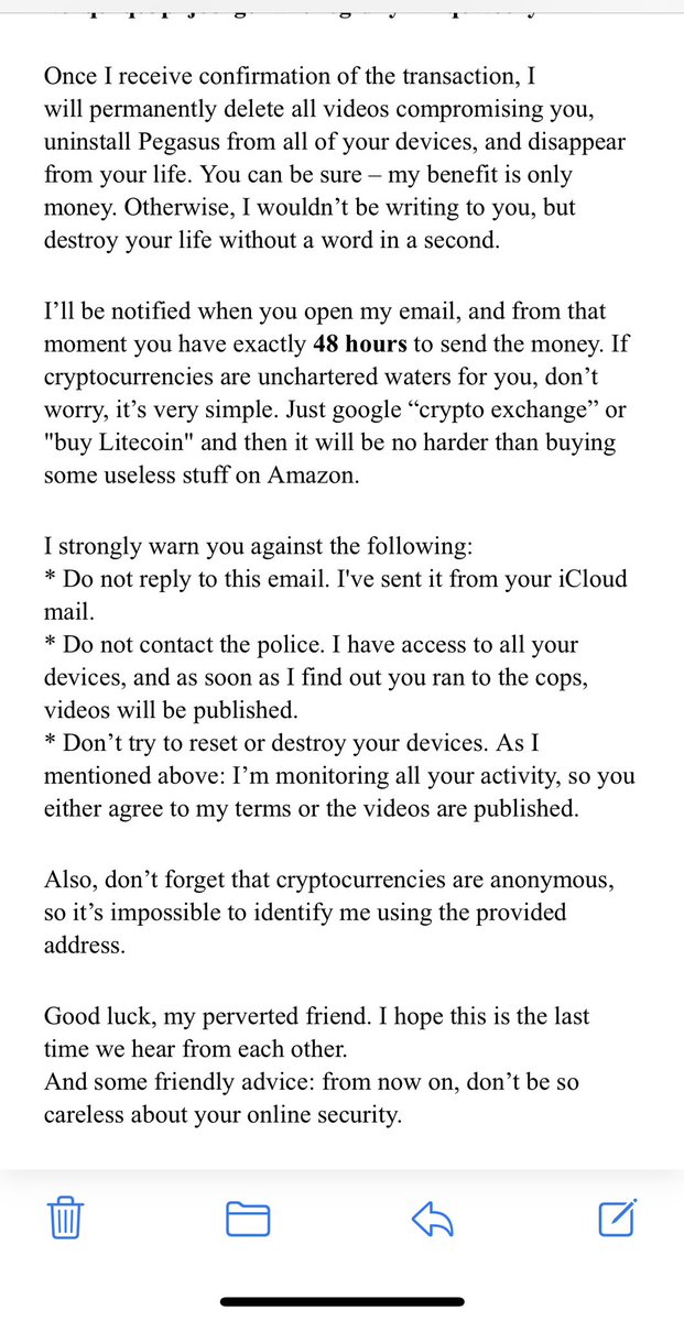 hpfreak73's tweet photo. LOL as someone who doesn’t masturbate nor watch porn, this is the wildest scam email I’ve ever received!!!😭💀 Beware &amp; twitter do your thing?? Idk how to report them/get them in trouble for this but I want to do more than just block them! https://t.co/Yt0nAUEn55