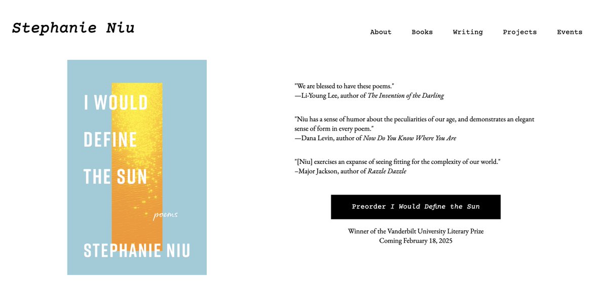 Stephanie Niu (@niusteph) on Twitter photo new year, new author website 🥳 featuring some new author portraits by the incredible Nicholas Nichols (<a href="/MaruneBoy/">Nicholas Nichols</a>), and an events page with my 2025 reading schedule. (p.s. who is coming to AWP? 👀)
stephanieniu.com new year, new author website 🥳 featuring some new author portraits by the incredible Nicholas Nichols (<a href="/MaruneBoy/">Nicholas Nichols</a>), and an events page with my 2025 reading schedule. (p.s. who is coming to AWP? 👀)
stephanieniu.com