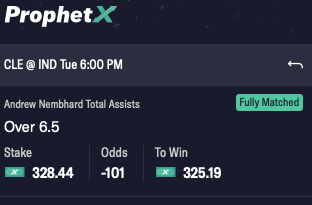 thedaybettor's tweet image. Quick $28 with @OddsJam arb tool mobile alerts! Betting both sides to lock in profit 🔥
Andrew Nembhard over 6.5 assists - Win $325.19 on ProphetX, give $297.10 on Circa = $28.09 profit
Under - Win $356.52 on Circa, give $328.44 on ProphetX = $28.08 profit…